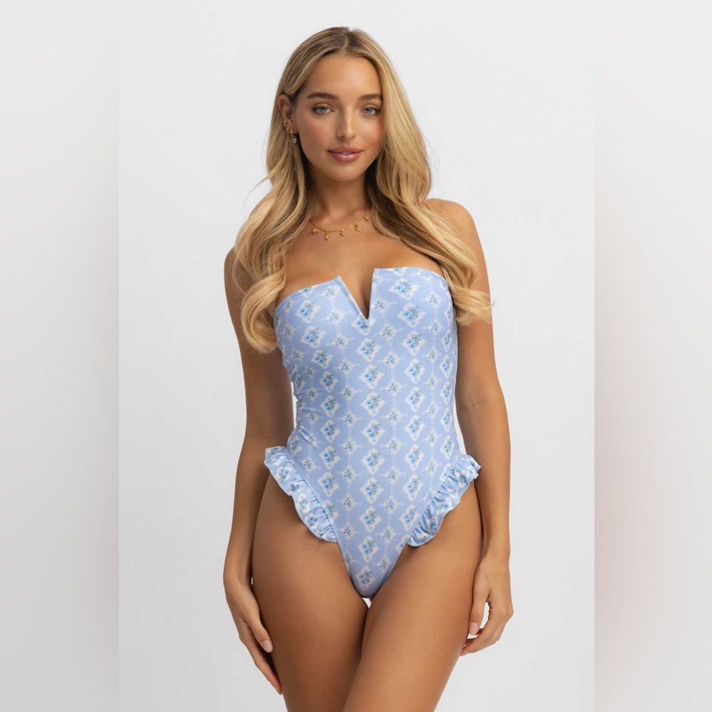Blackbough Light Blue Floral Strapless One-Piece Swimsuit